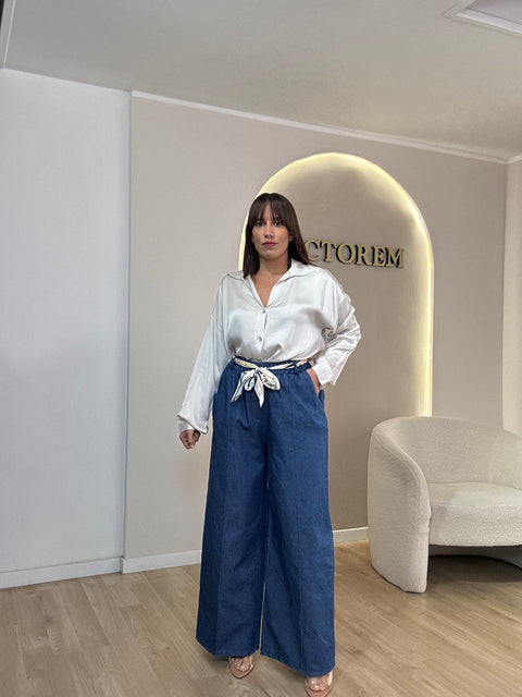 Pantalone tessuto denim con foulard