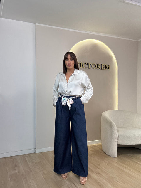Pantalone tessuto denim con foulard