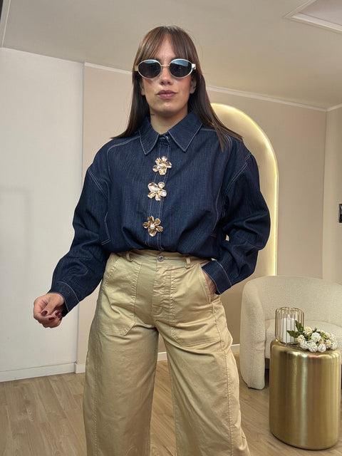 Camicia denim bottone perla