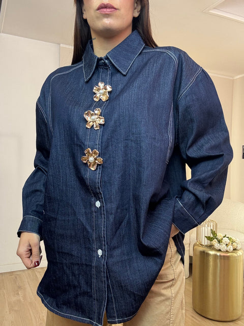 Camicia denim bottone perla