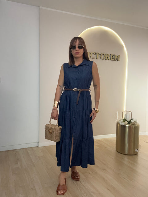 Abito lungo in denim con cinta