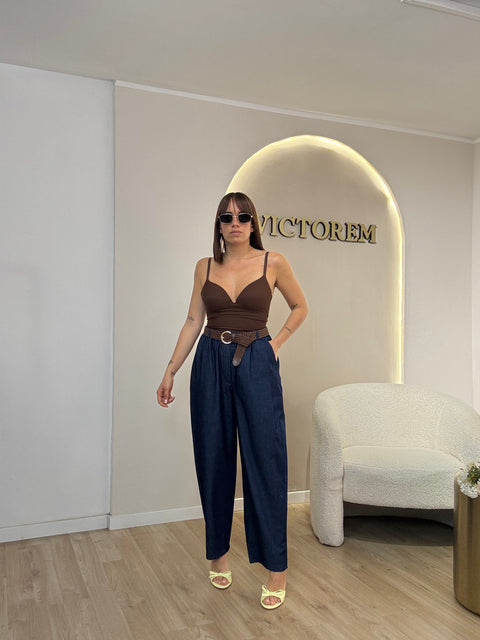 Pantalone tessuto denim con cinta gold