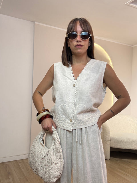 Gilet misto lino ricamato
