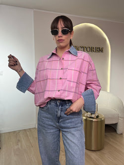 Camicia quadri con dettagli in denim