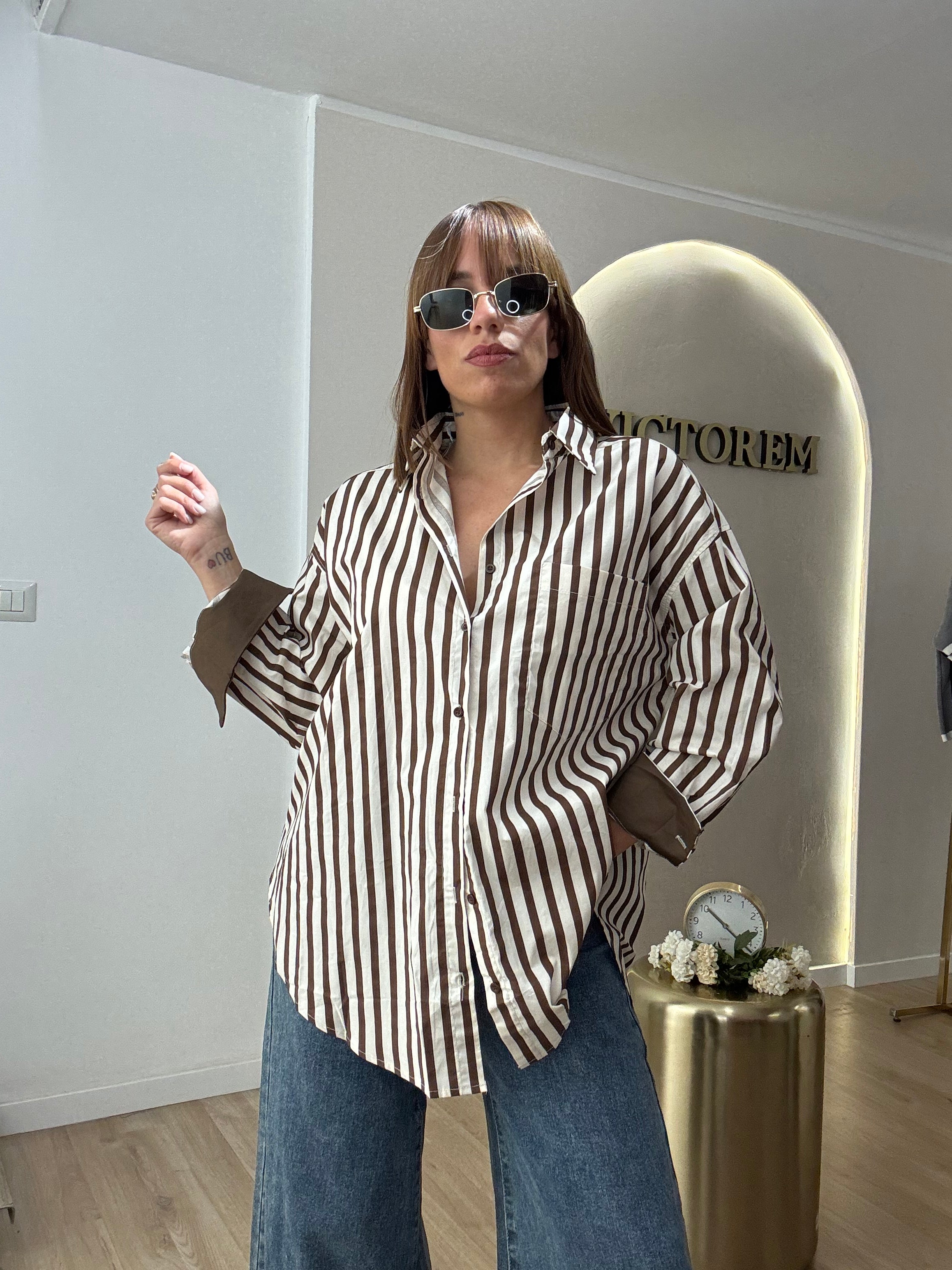 Camicia riga marrone 100 % cotone