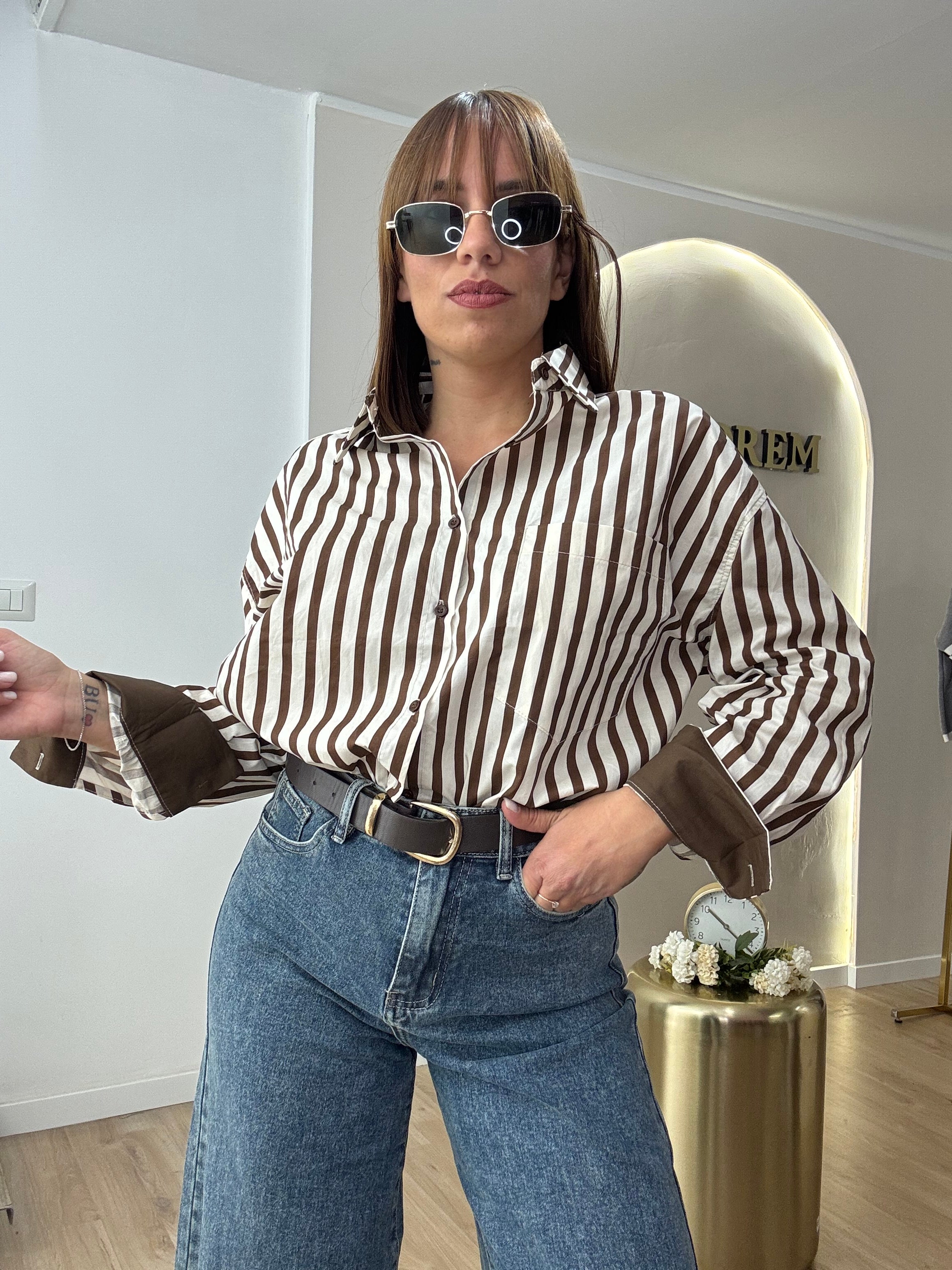 Camicia riga marrone 100 % cotone