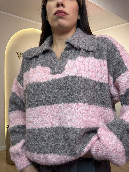 Maglia polo in lana grossa righe