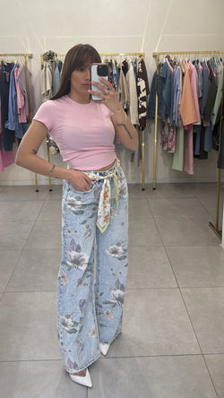 Jeans palazzo fiori con foulard