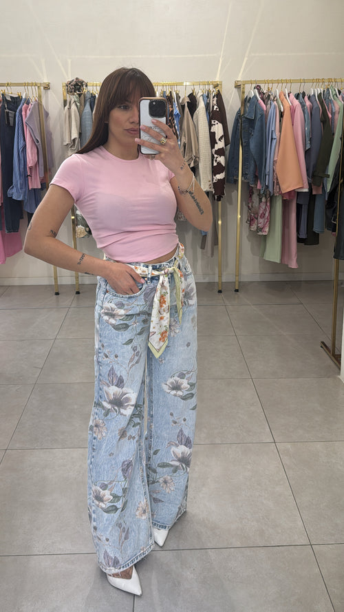 Jeans palazzo fiori con foulard