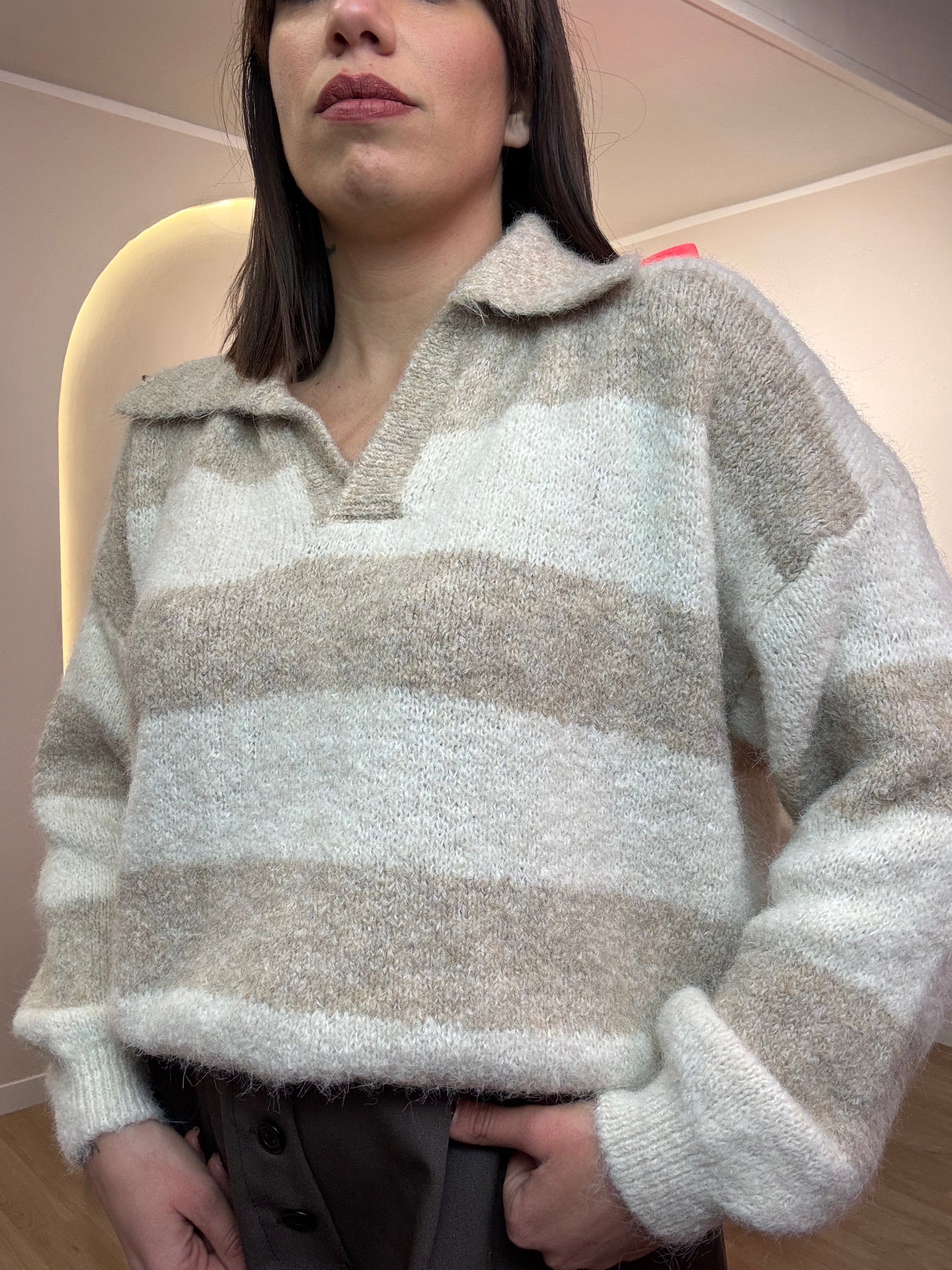 Maglia polo in lana grossa righe