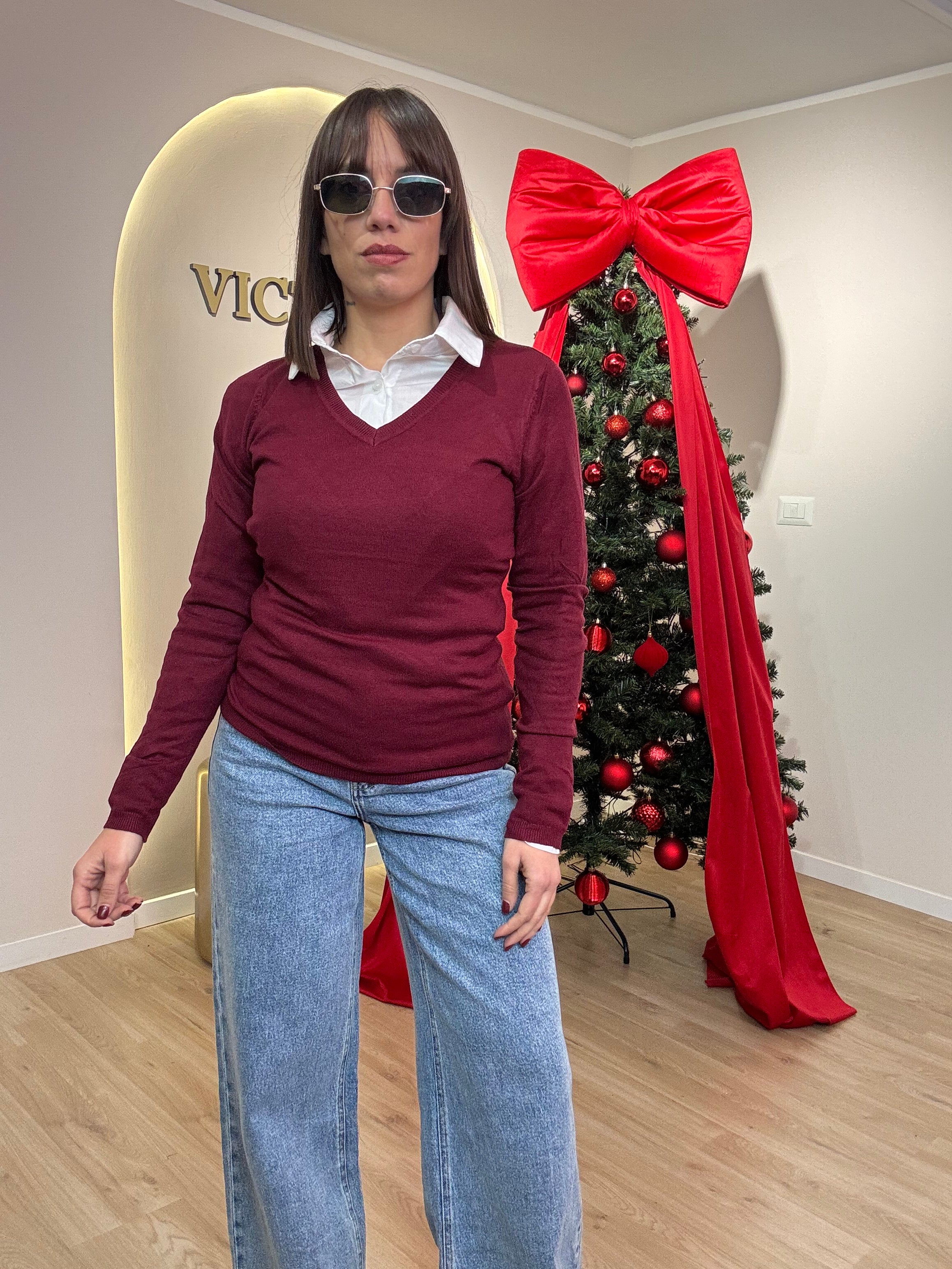 Maglia scollo a V lana rasata